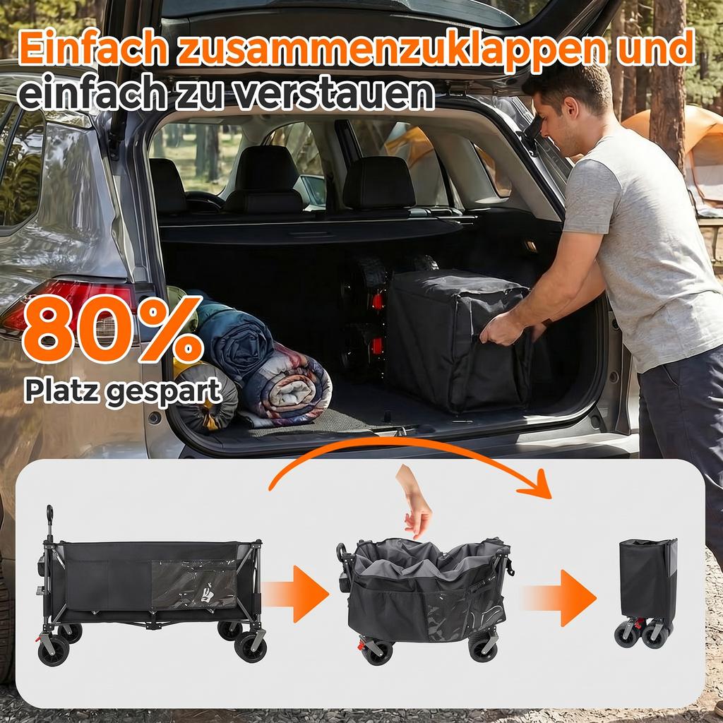 XXXL Foldable Wagon 300L 250KG Load Capacity, 130cm Extended, Extra Width 17x10 cm All-Terrain Wheels, Patented 4-Way Instant Setup, Black