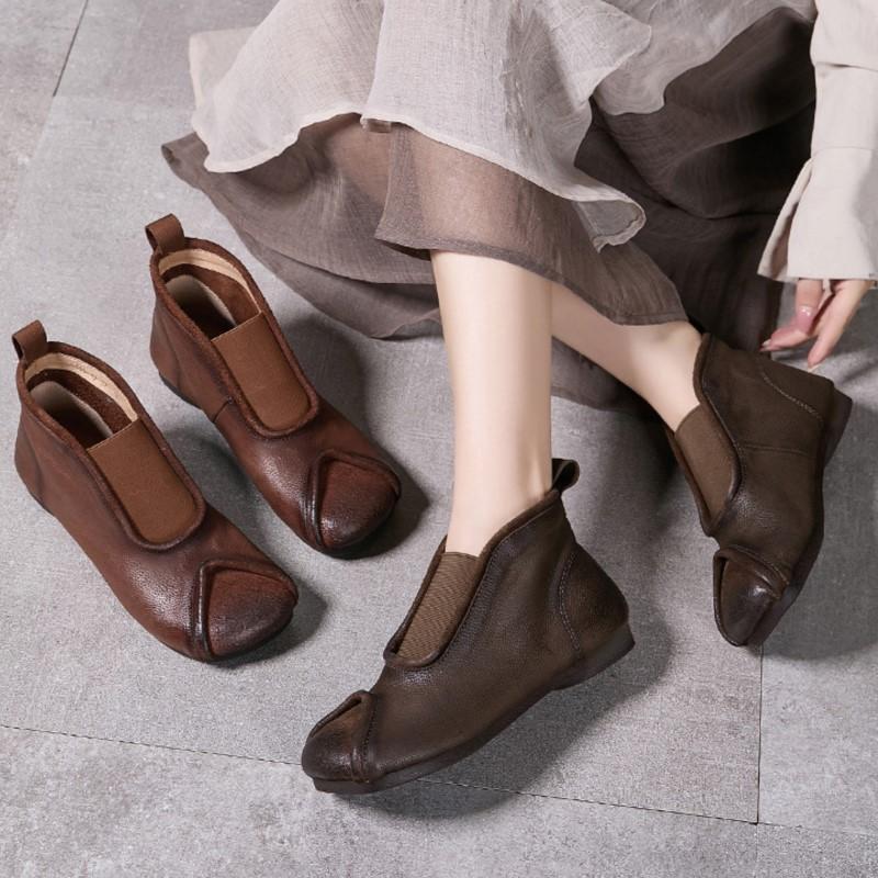 Johnature Винтажные ботильоны ручной работы из натуральной кожи на плоской подошве, с круглым носком, из мягкой коровьей кожи, женские слипоны