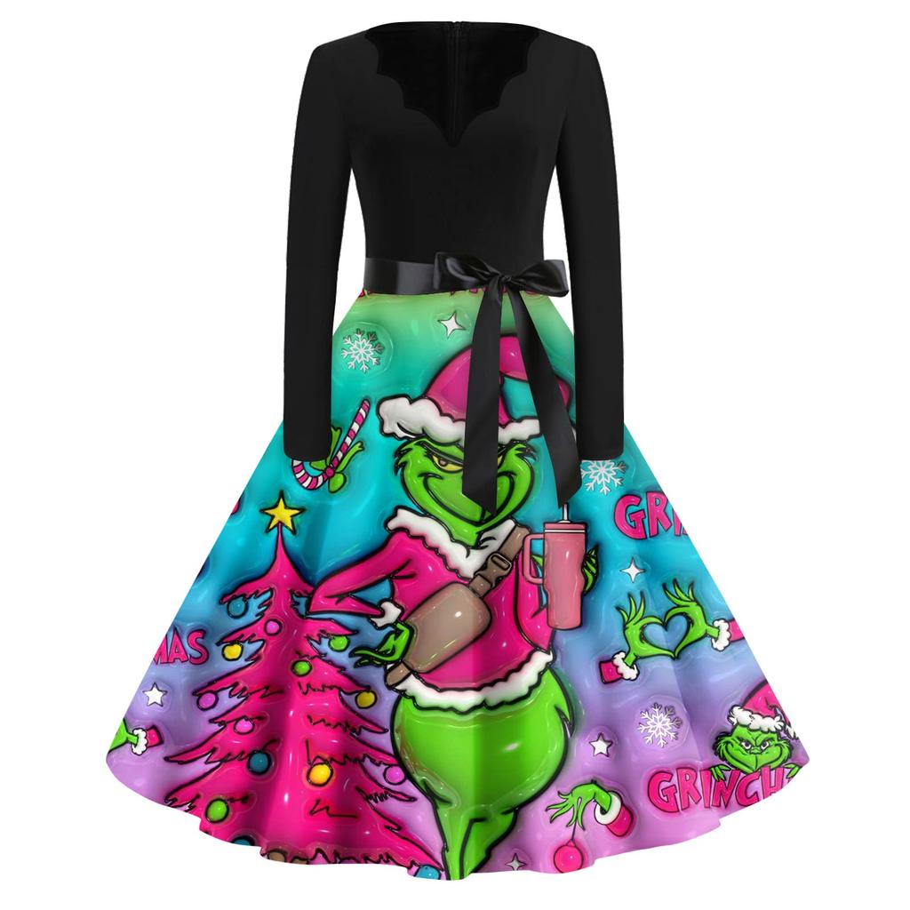 Женское модное платье с V-образным вырезом, повседневное, приталенное, с рождественским принтом, с длинным рукавом