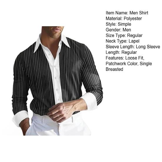 Men Shirt Long Sleeve Lapel Design Shirt Tops with Buttons Placket Striped Print Patchwork Color Work Shirt