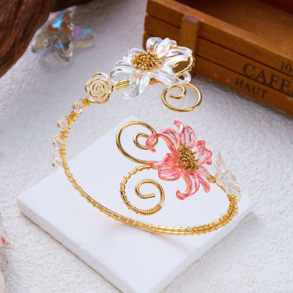 Gold Color Metal Floral Arm Bracelet Enamel Glaze Craft Exotic Style Arm Ring Vacation Style