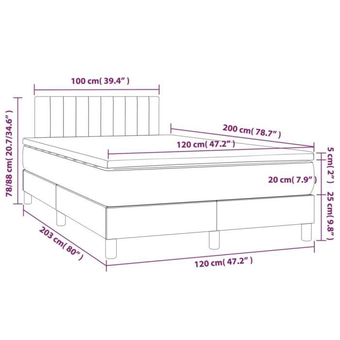 3140763 vidaXL Lit à sommier tapissier avec matelas Noir 120x200 cm Tissu