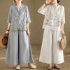 Весна Лето 2 Комплект из двух предметов Женский Цветочная вышивка Модные женские блузки Эластичный пояс Модные свободные плиссированные женские широкие брюки