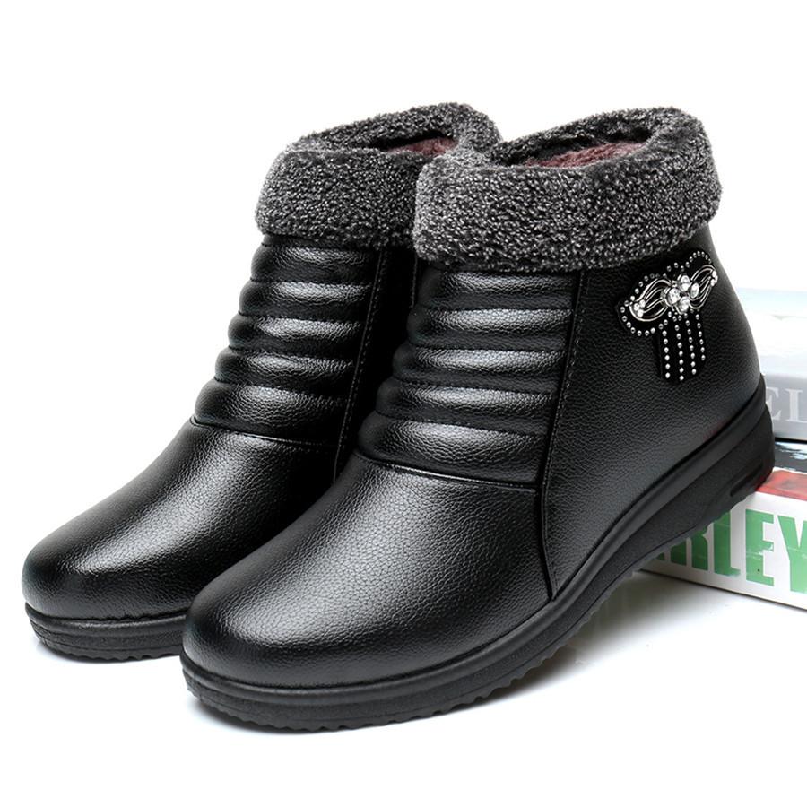 Winter Women's Ankle Boots Cotton-padded Plush Warm-keeping Leather Ladies Winter Boots Skid-proof Working Women Flat Boots