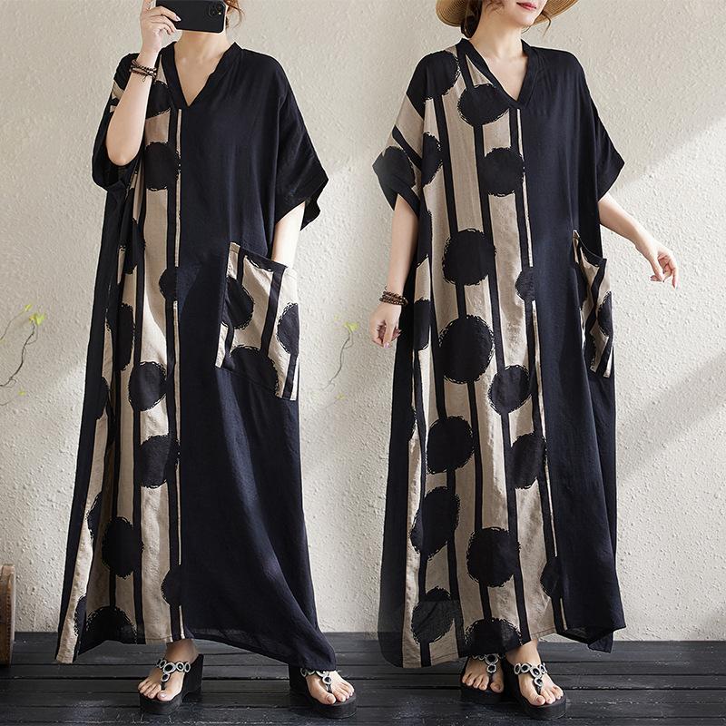 Женское летнее тонкое платье с V-образным вырезом и коротким рукавом в стиле пэчворк, длинное