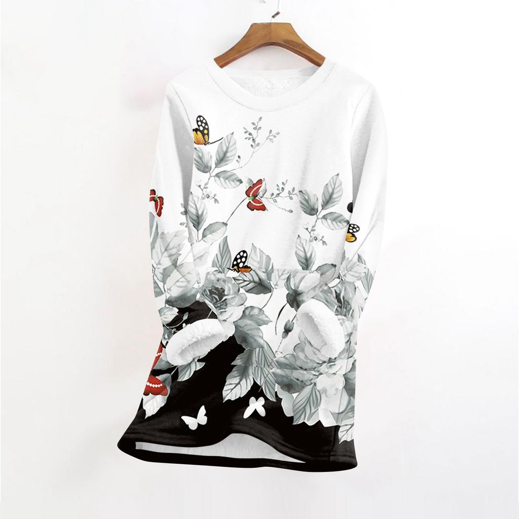 Женский модный плюшевый теплый пуловер с принтом, круглым вырезом и длинными рукавами