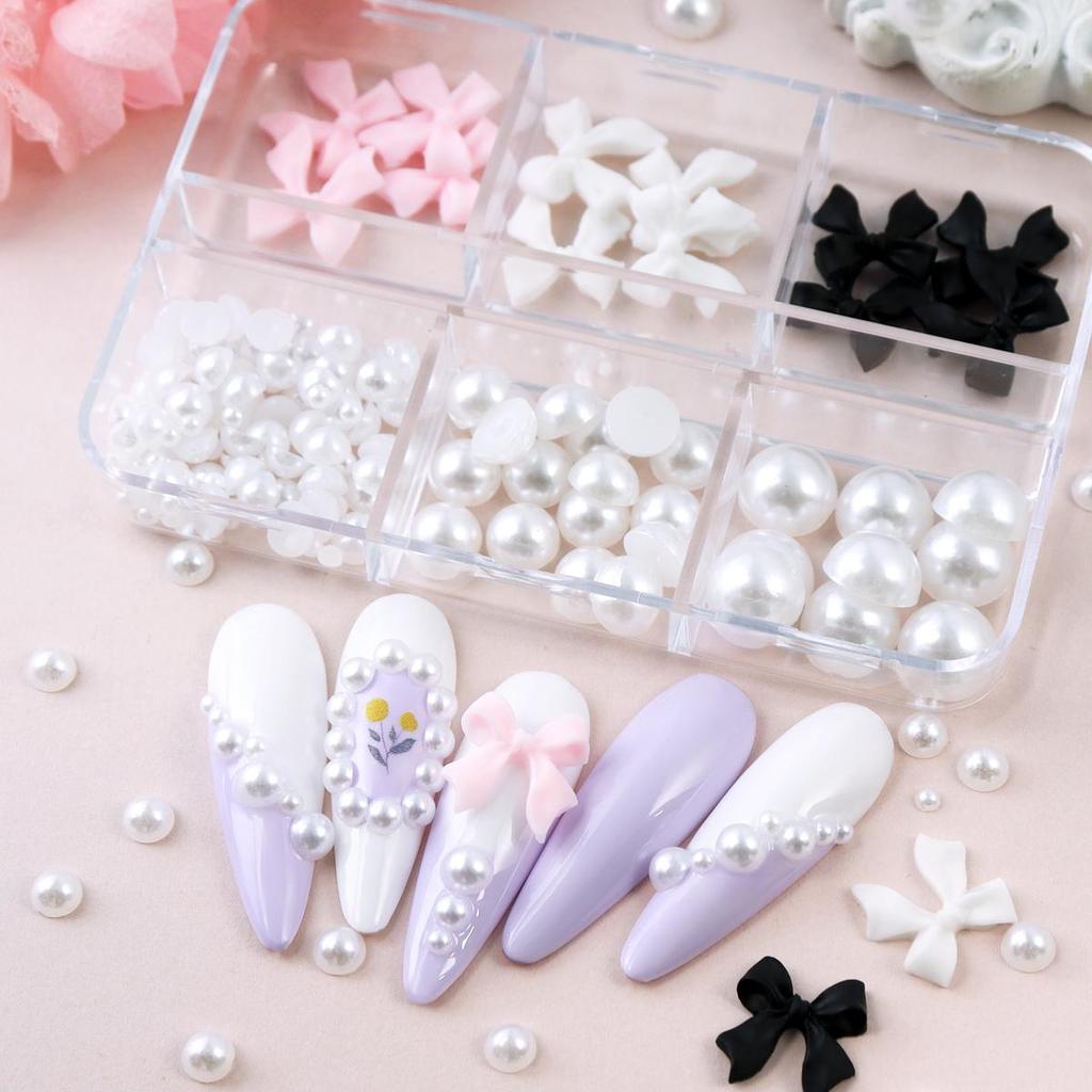 Ribbon Bow 3D Nail Art Charms Mixed Half Round Flat Beads Faux Pearl Nails Decoration Accessories Korean DIY Manicure Supplies