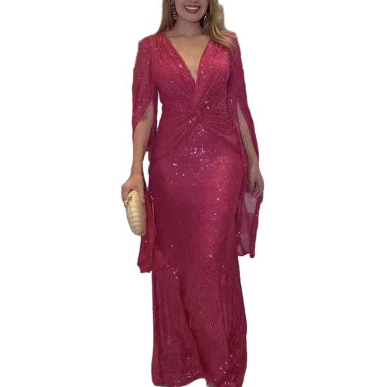 Женское вечернее платье с разрезом на рукавах, глубокий V-образный вырез, блестящие пайетки, облегающее, с узкой талией и узлом, плиссированное, полная длина, сплошной цвет, женское платье для выпускного банкета, макси