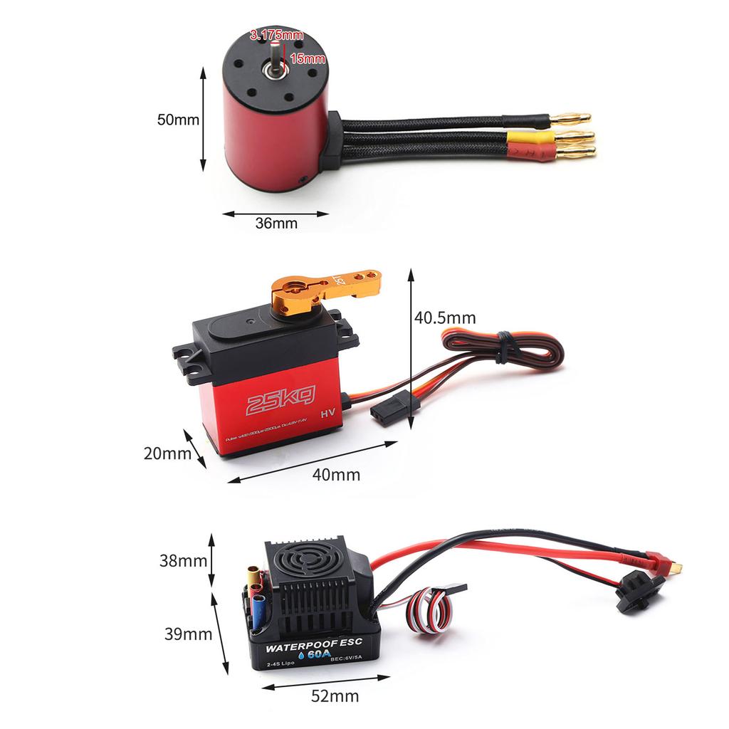 5200KV Brushless Motor 3650 Waterproof Motor with 60A Brushless ESC 2 4S Lipo 25KG Digital Servo for 1 8 1 10 RC Car