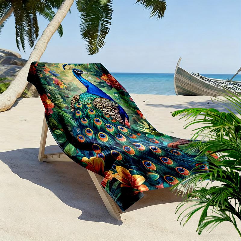 Peacock Oil Painting Print Beach Towel, Large Soft Quick Dry Towel for Beach Camping Swimming