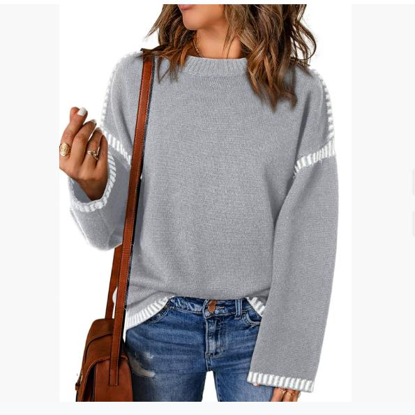 Осенне-зимний женский свитер однотонный с круглым вырезом свободный с длинным рукавом контрастного цвета вязаный пуловер свитер топ