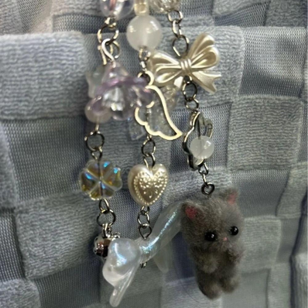 Cartoon Critters Persian Cat Pendant Bead String Car Keyring Soft Flocking Cat Keychain Girl