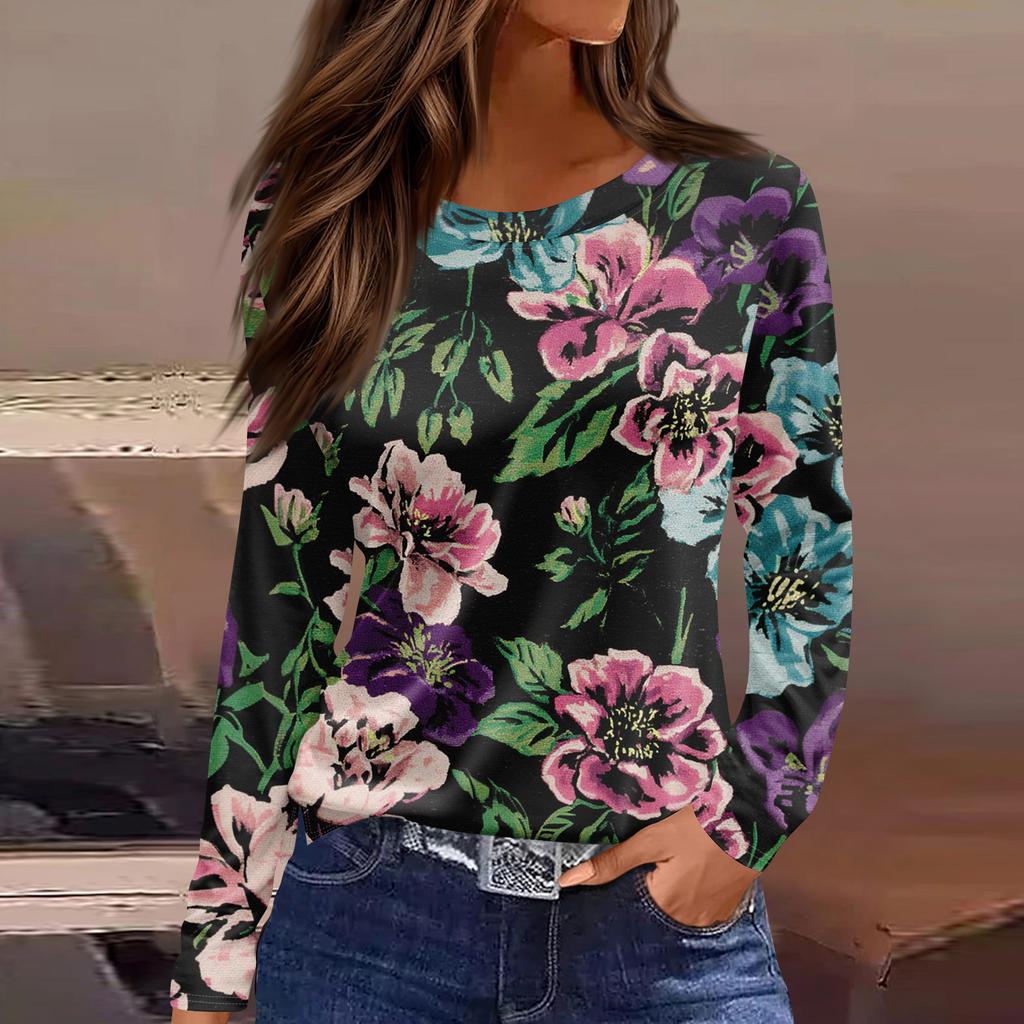 Women's Fashion Casual Slit Hem Round Neck Long Sleeve Loose  Printed T-Shirt Ladies Top