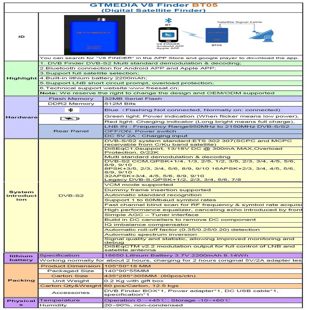 GTmedia V8 Finder Цифровой спутниковый Finder BT05 Bluetooth DVB Finder DVB-S2 BT-03 BT Android IOS Freesat Original