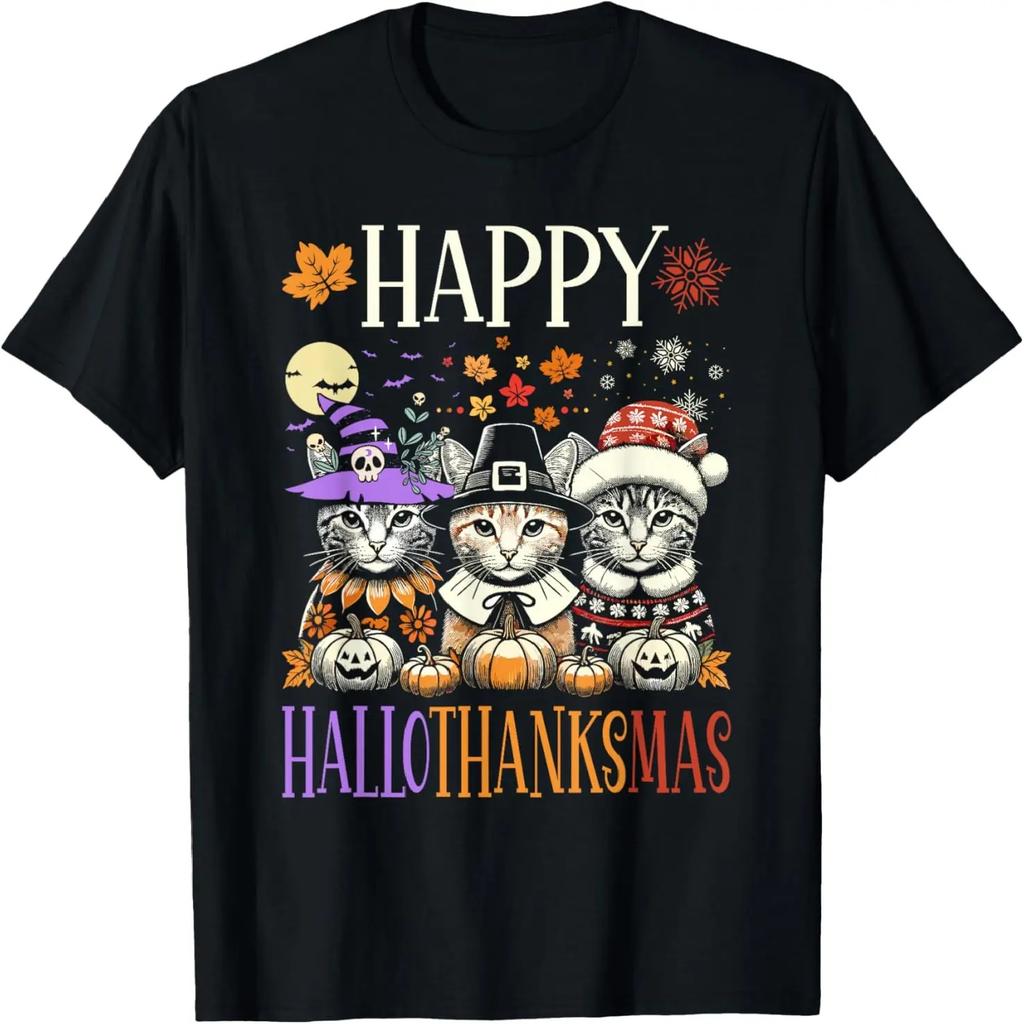 Happy Hallothanksmas Halloween Thanksgiving Christmas Cats T-Shirt