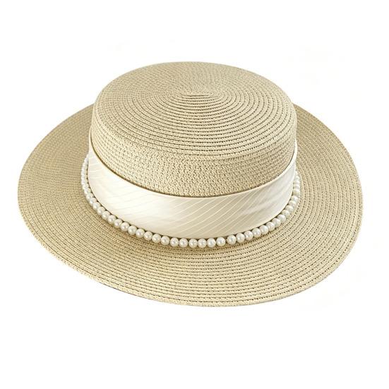 Women Sun Hat Breathable Wide Brim Flat Top French Style Straw Woven Hat with Ribbon Faux Pearls Decoration Summer Outdoor Hat