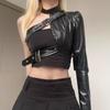 Irregular Pu Leather Jacket Female Hollow One-shoulder Metal Adjustment Buckle All-match Crop Coat Streetwear Hip-hop Top