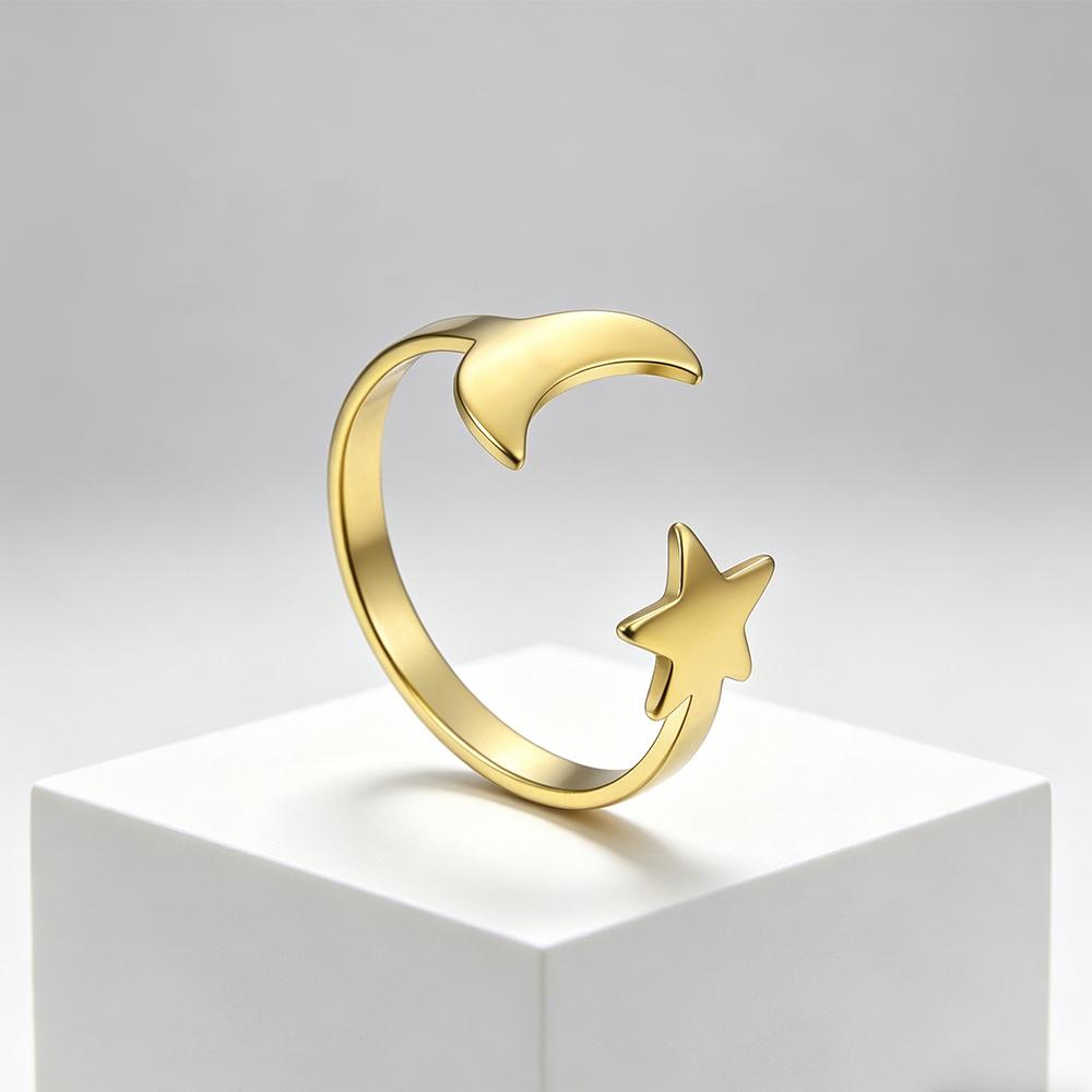 Lovely Moon Star Stainless Steel Ring Women Resizable Casual Finger Rings Anniversary Gift Jewelry