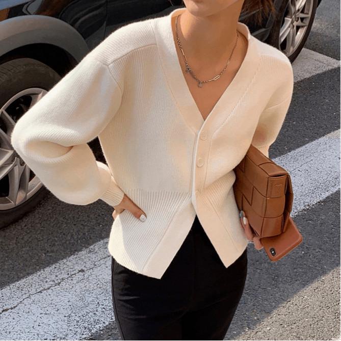Women's V-Neck Knit Cardigan: French-Inspired, Fall/Winter Style