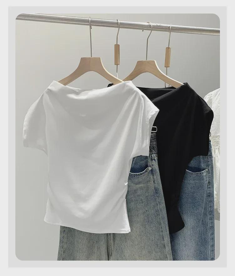 Женские летние футболки на одно плечо с коротким рукавом, облегающие талию, плиссированные, 2024 г.