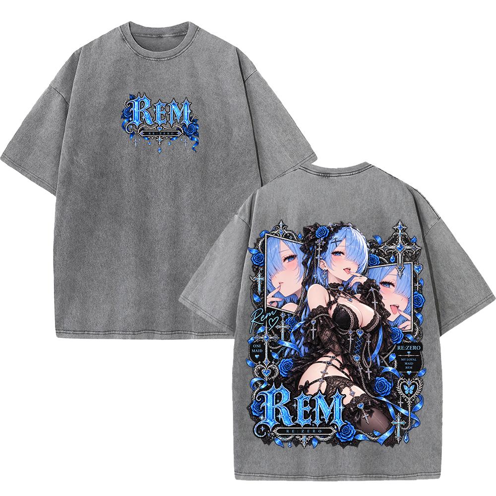 Rem Re:Zero Anime T-shirt Y2k Gothic Vintage Washed T Shirt Harajuku Oversized Short Sleeve Cotton Tees Tops Men Women Clothing