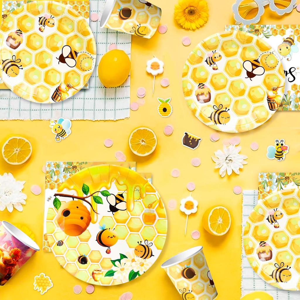 Украшения на день рождения в виде пчелы, 113 шт. праздничных украшений, тарелки для вечеринок в виде пчел, чашки, салфетки, скатерти, баннеры в виде пчелы на день рождения, воздушные шары, украшения для торта и т. д.
