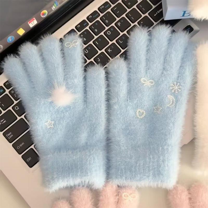 Перчатки Искусственный мех норки Мех кролика Вязаные повседневные перчатки Пряжа