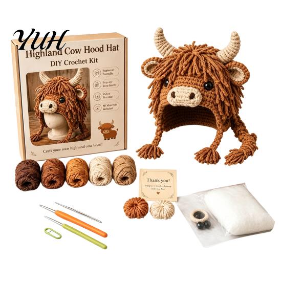Christmas Hat Making Kit Highland Cow Crochet Kit, Halloween Pumpkin Spider Hood Handmade Winter Headwear DIY Craft for Adults Teens Diy