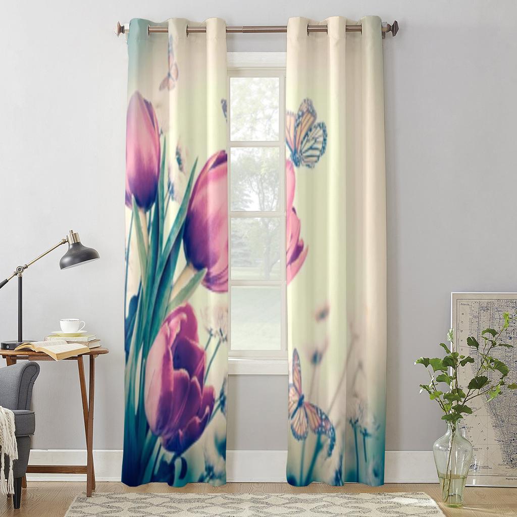 Букет красных тюльпанов и бабочки, занавески для гостиной, кухни, современные шторы, домашний декор, жалюзи, шторы