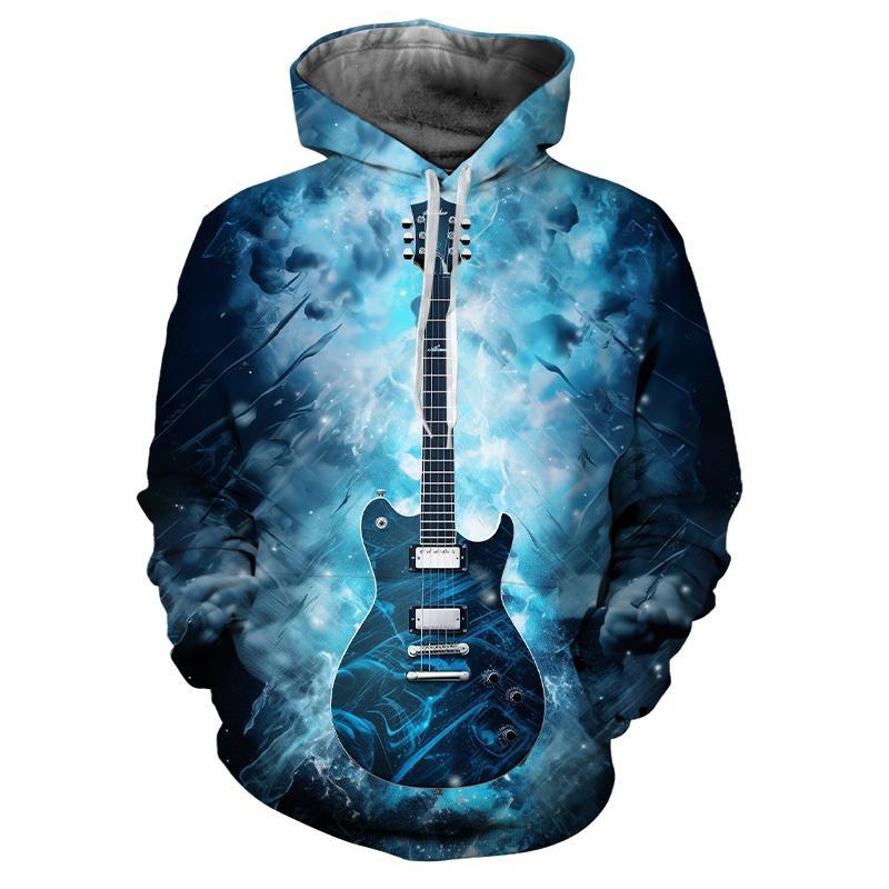 Cool Blue Fire Rock Guitar Graphic Fleece Hoodie, Autumn Winter Thick Warm Sweatshirt for Men, Musical Instrument Pullover for Trendy Casual Outings