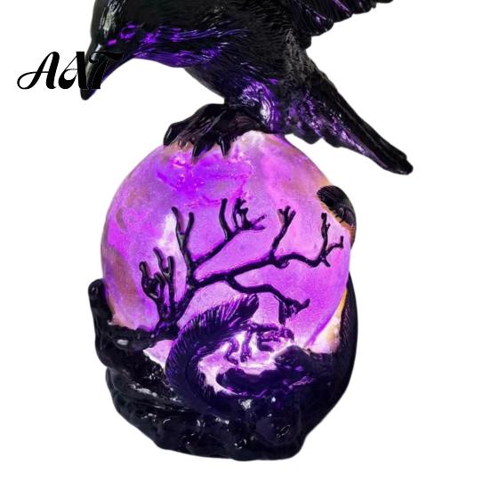 Hand Painted Sculpture Gothic Raven LED Ball Lamp, Mysterious Crow on Orb Sculpture, Whimsical Room Lighting Halloween Decorative Table Lamp