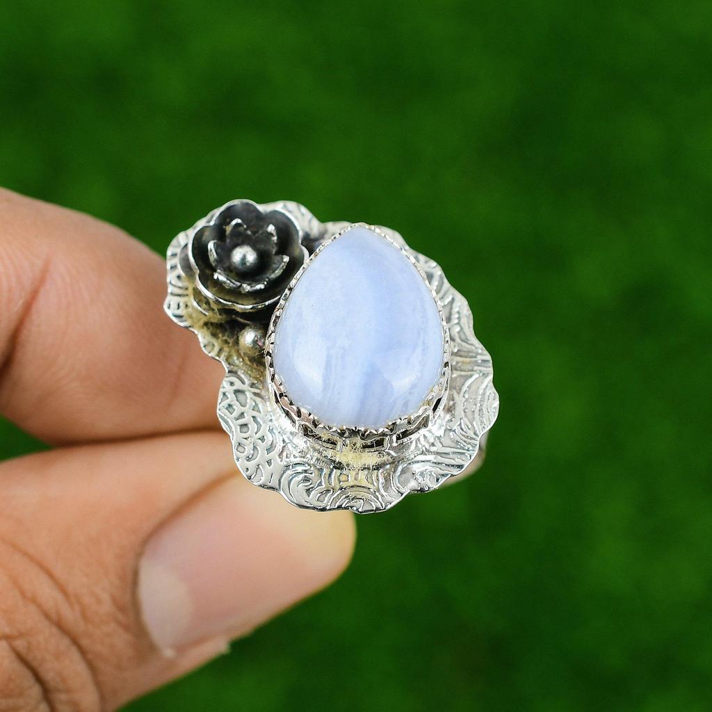 Pear Blue Lace Agate Stone Birthday Flower New Ring Jewelry 925 Sterling Silver