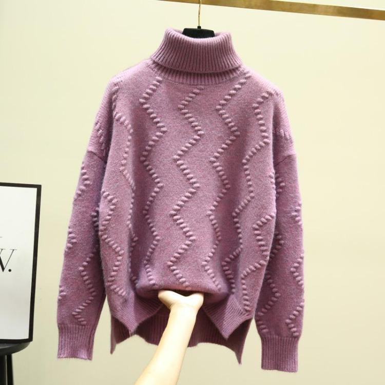 Высокий воротник и лацканы Женский толстый свитер Осень и зима Разрез по низу Длинный свободный пуловер Вязаный свитерjavascript: