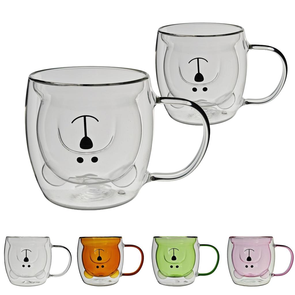 Nishida Glass Bear Cup Cup Set Cute Glass with Insulates Hot and Cold and Bear Mug Mug Double-Walled Heat-Resistant & (250ml) Double-Walled