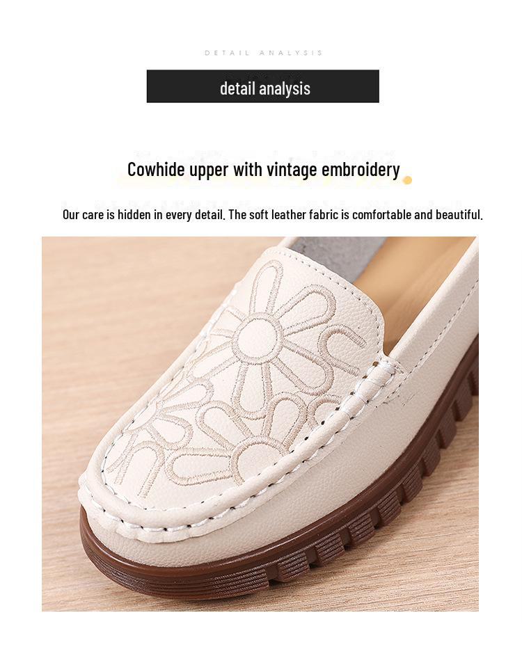 Women's Genuine Leather Slip-On Shoes with Cowhide Soles - Comfortable, Non-Slip Flats for Middle-Aged and Elderly.