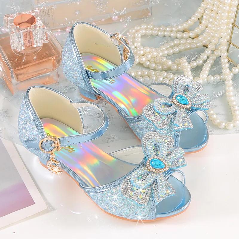 Summer Girls Sandals With Heel Fashion Rhinestone Shiny Glitter Shoes Children Princess Bowtie Pearl Dancing