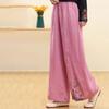 Retro Chinese Style Elastic Waist Loose Cotton Linen Pants with Heavy Embroidered Wide Leg Pants for Women
