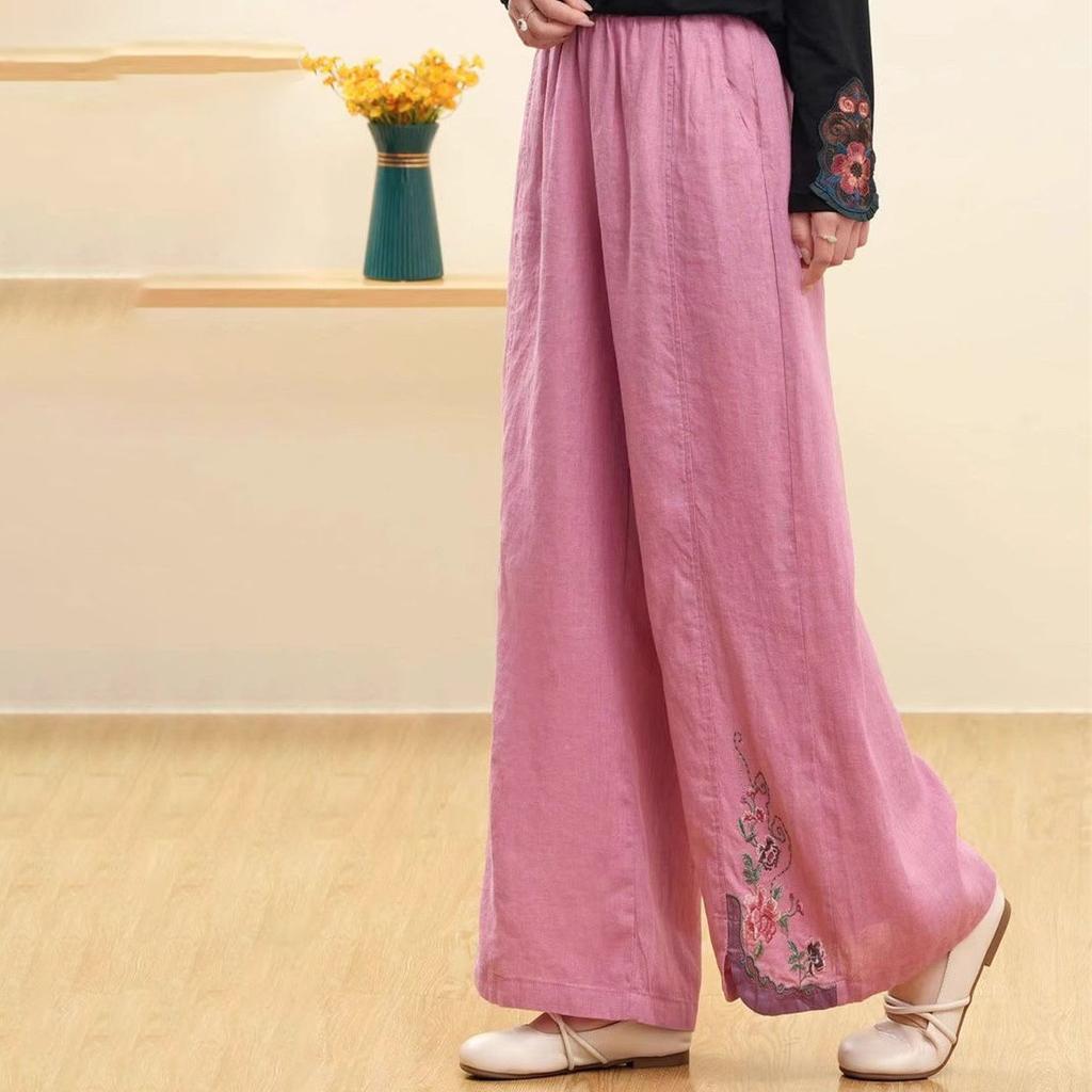 Retro Chinese Style Elastic Waist Loose Cotton Linen Pants with Heavy Embroidered Wide Leg Pants for Women