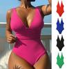 Women Monokini Deep V-Neck Sleeveless Ribbed One-Piece Swimsuit Breathable Solid Color Quick-Drying Bathing Suit