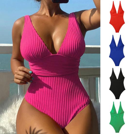 Women Monokini Deep V-Neck Sleeveless Ribbed One-Piece Swimsuit Breathable Solid Color Quick-Drying Bathing Suit