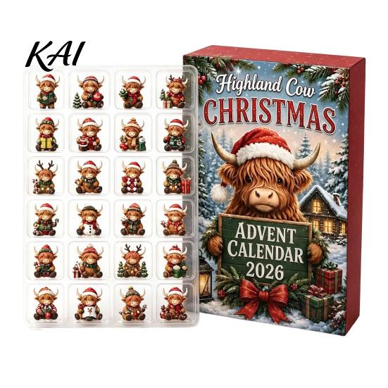 Christmas Countdown Calendar 2026 Highland Cow Advent Calendar, 24-Day Acrylic Ornament Set with for Kids Mini Figures, Tree Hanging Decor, Gift