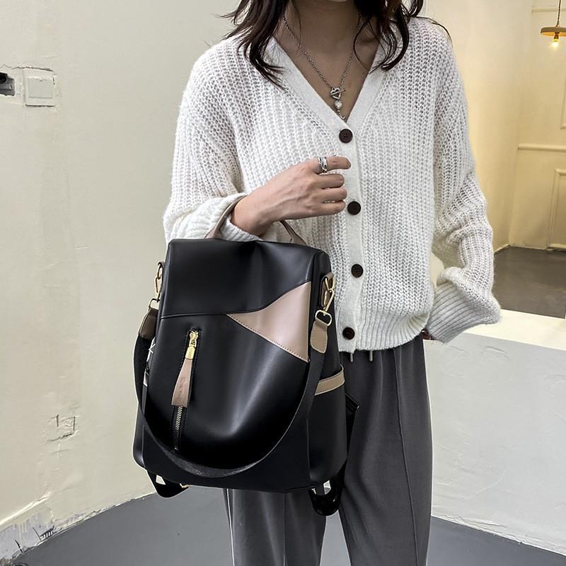 1 женский рюкзак, мягкий кожаный рюкзак, большой вместимости, повседневный рюкзак с цветными блоками, модный студенческий рюкзак
