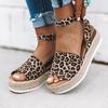 Wedges Leopard Retro Peep Toe Sandals Women Summer Fashion Sandals Buckle Strap