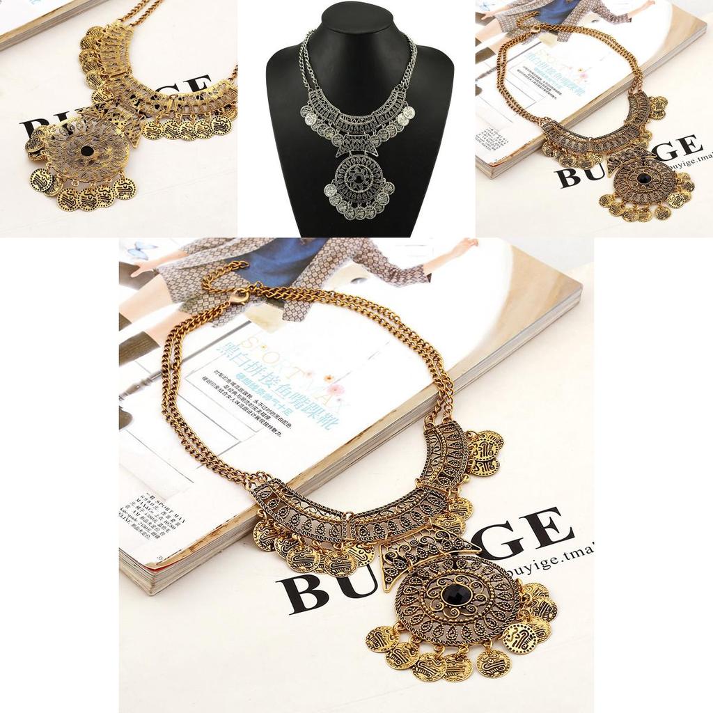 Этнический стиль, имитация драгоценных камней, многослойное металлическое ожерелье с круглыми монетами для женщин