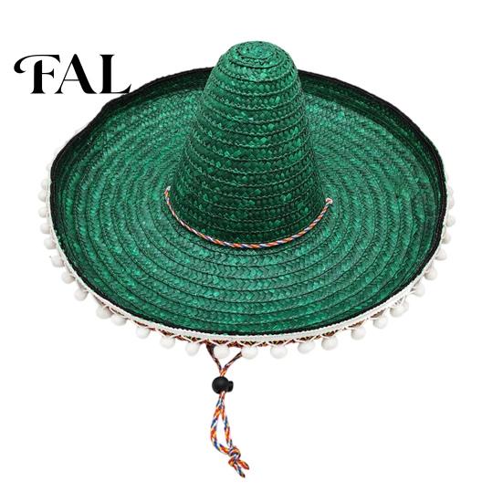 Adult Vacation Hat Mexican Sombrero with Colorful Poms, Hawaiian Style Woven Straw Sun Hat, Wide Brim Lightweight Halloween Costume Party