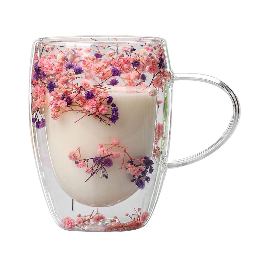 Heat Resistant Dried Flowers Glass Mugs 350ml Flower Cup Simple Coffee Mug  Home&Office
