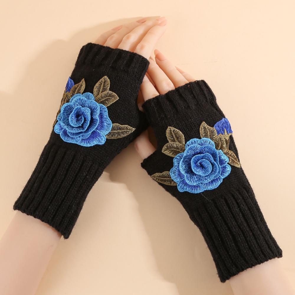 Vintage Embroidery Knitted Gloves Floral Fingerless Gloves Cute Crochet Flower Mittens Outdoor