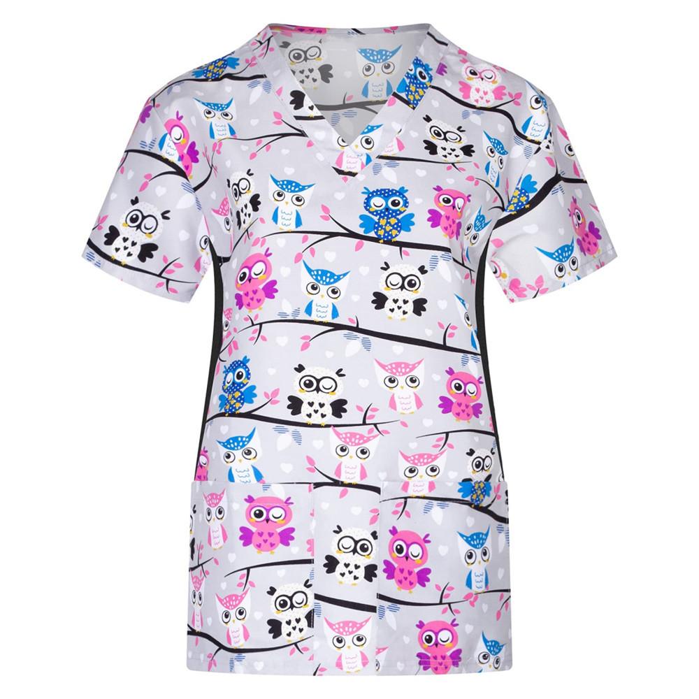 Женские топы с короткими рукавами и карманами, рабочая униформа, футболки с принтом «Цветок и кошка», униформа, халаты с короткими рукавами для женщин