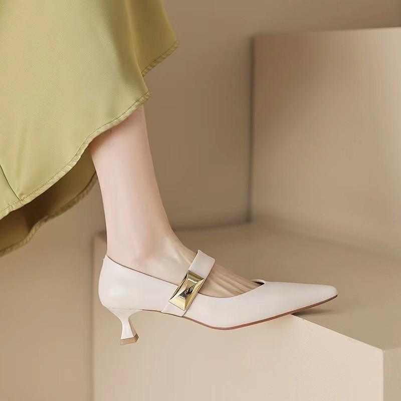 Новая Мода Женские Туфли Мэри Джейн Острый Носок Высокий Каблук Шпилька Металлическая Отделка Элегантная Обувь Zapatos Mujer Элегантные Дамы