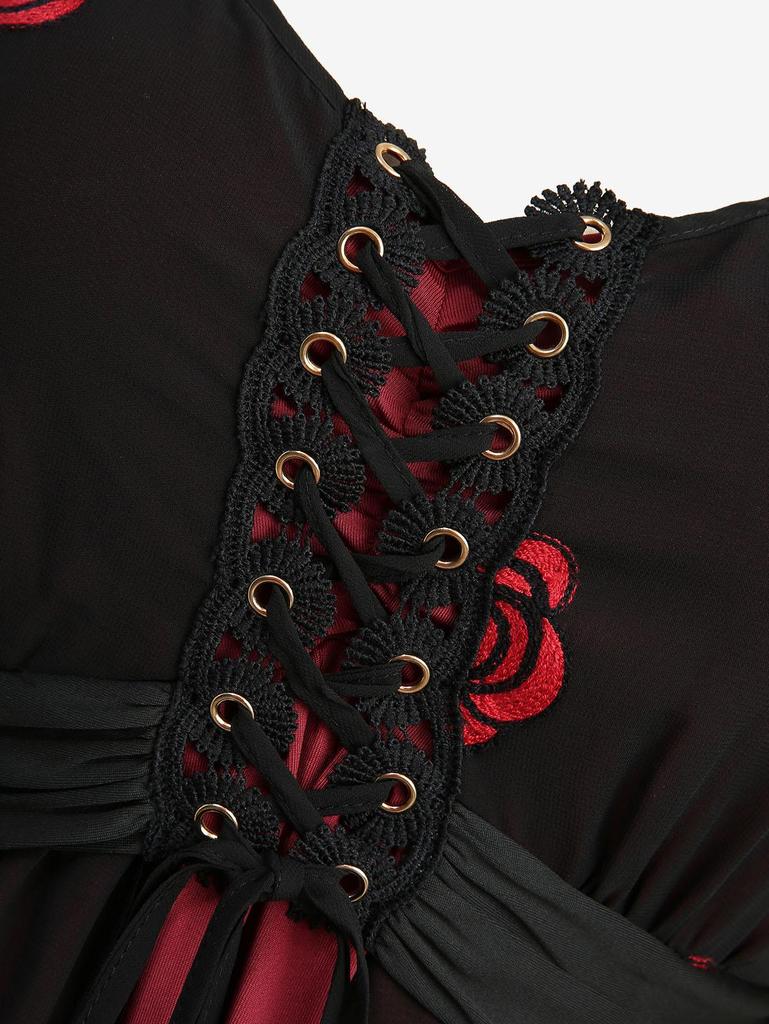 Rosegal Plus Size Rose Flower Вышитый сетчатый люверсы шнуровка асимметричный 2 в 1 Топ